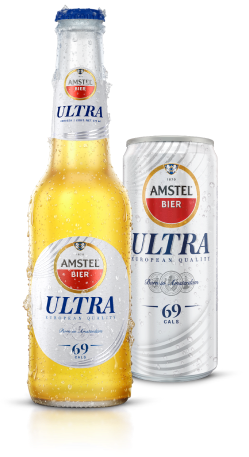 Botella y lata de cerveaz amstel